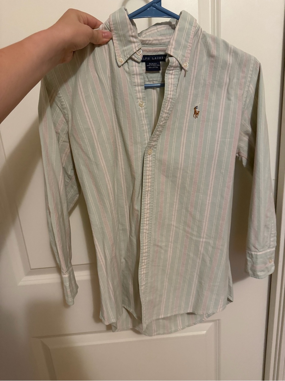 Ralph Lauren Mint Green and Pink Striped Button-Down Shirt